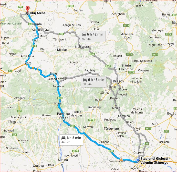 Ruta deplasare la stadionul Cluj ArenA din Cluj-Napoca