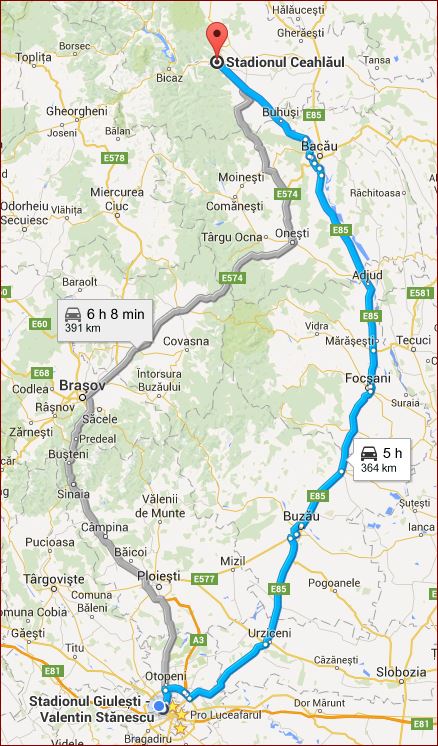 Ruta deplasare la stadionul Ceahlaul din Piatra Neamt